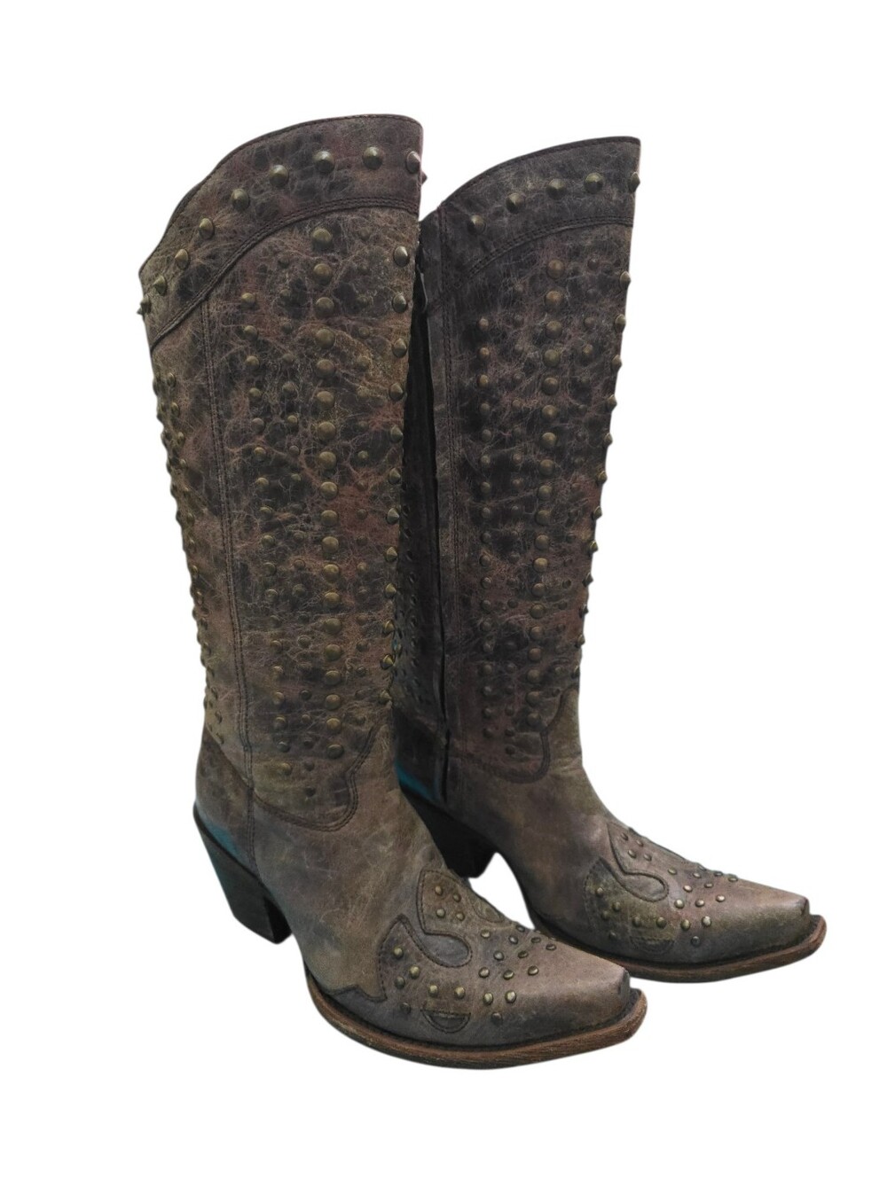 Corral Studded Brown Ostrich-Style Western Knee-High Boots 8.5